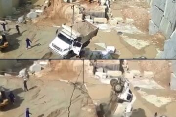 Motorista salta segundos antes de caminhão cair em vala; veja o vídeo