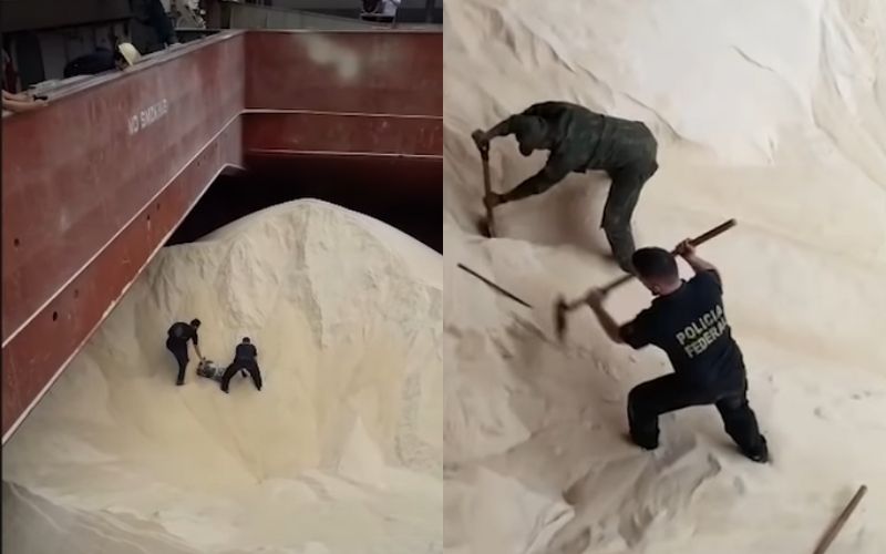Polícia Federal cava carga de açúcar e acha 155 kg de cocaína; veja vídeo
