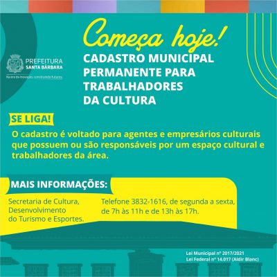 Aberto cadastro permanente para espaços de cultura e trabalhadores da área, em Santa Bárbara