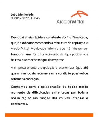 ArcelorMittal suspende distribuição de água para bairros de Monlevade devido cheia do rio Piracicaba