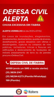 Defesa Civil Municipal publica alerta de chuvas excessivas em Itabira