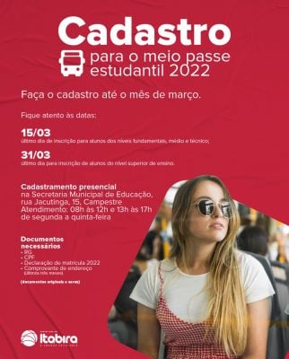 Itabira: começa o cadastro de estudantes para receber o meio-passe no 1º semestre de 2022