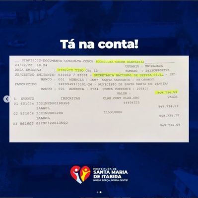 Santa Maria de Itabira recebe mais de R$ 900 mil da Secretaria Nacional de Defesa Civil