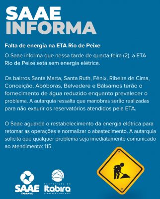 Itabira: ETA Rio de Peixe fica sem energia elétrica e oito bairros tem fornecimento de água reduzido 