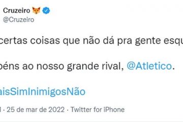 Às 18h01, Cruzeiro felicita Atlético por 114 anos: ‘Parabéns, grande rival’