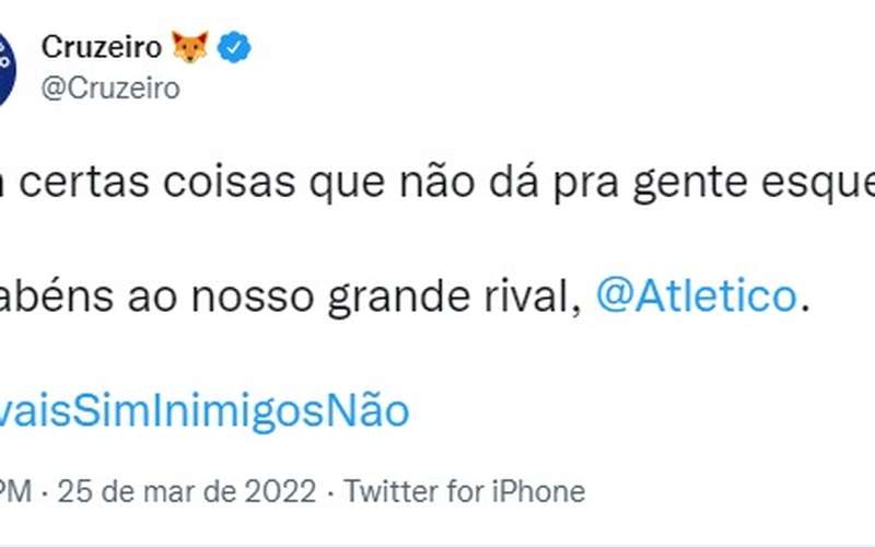 Às 18h01, Cruzeiro felicita Atlético por 114 anos: ‘Parabéns, grande rival’