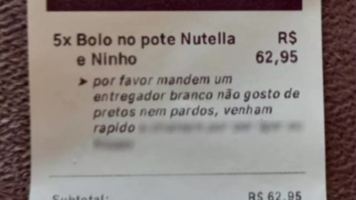 Mandem entregador branco, não gosto de pretos, diz cliente em aplicativo