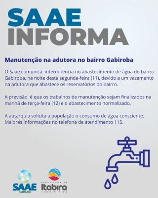 Itabira: Saae comunica manutenção em adutora no bairro Gabiroba