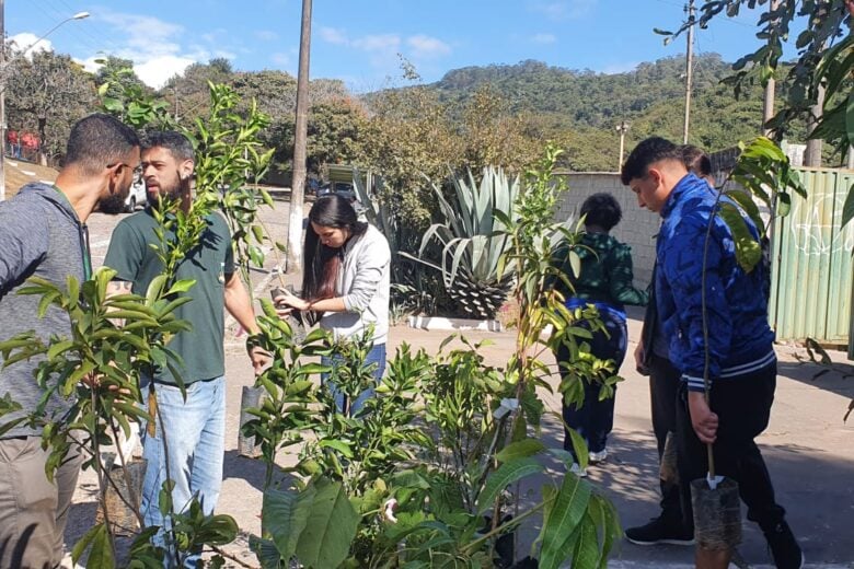 Alunos do Parreiras plantam 50 mudas de árvores frutíferas na horta da escola