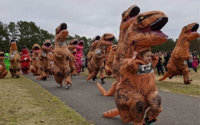 Corrida reúne pessoas fantasiadas de T-Rex