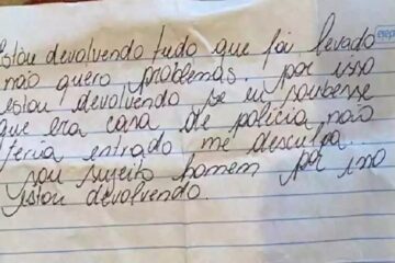 “Estou devolvendo tudo que foi levado”, escreve ladrão em bilhete após assaltar casa de policial