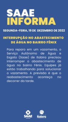 Itabira: abastecimento de água é interrompido no bairro Fênix