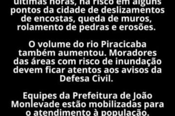 Defesa Civil alerta para riscos de deslizamento em João Monlevade