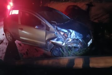 Carro é abandonado após colidir com poste na AMG-1210
