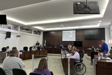 Senhora entra no Plenário da Câmara de Monlevade, bate bengala em vidro e interrompe reunião