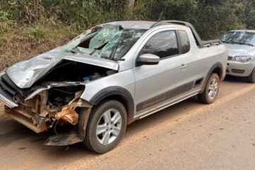 Saveiro fica destruída ao colidir com cavalo na pista
