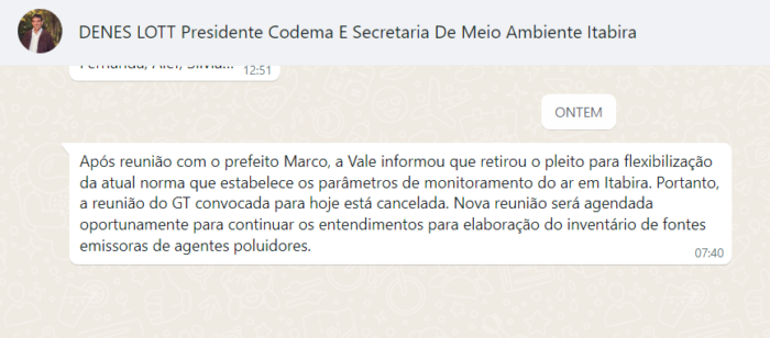 Presidente do Codema informou a imprensa por uma mensagem. Captura: Mariana Ribeiro/ DeFato Online