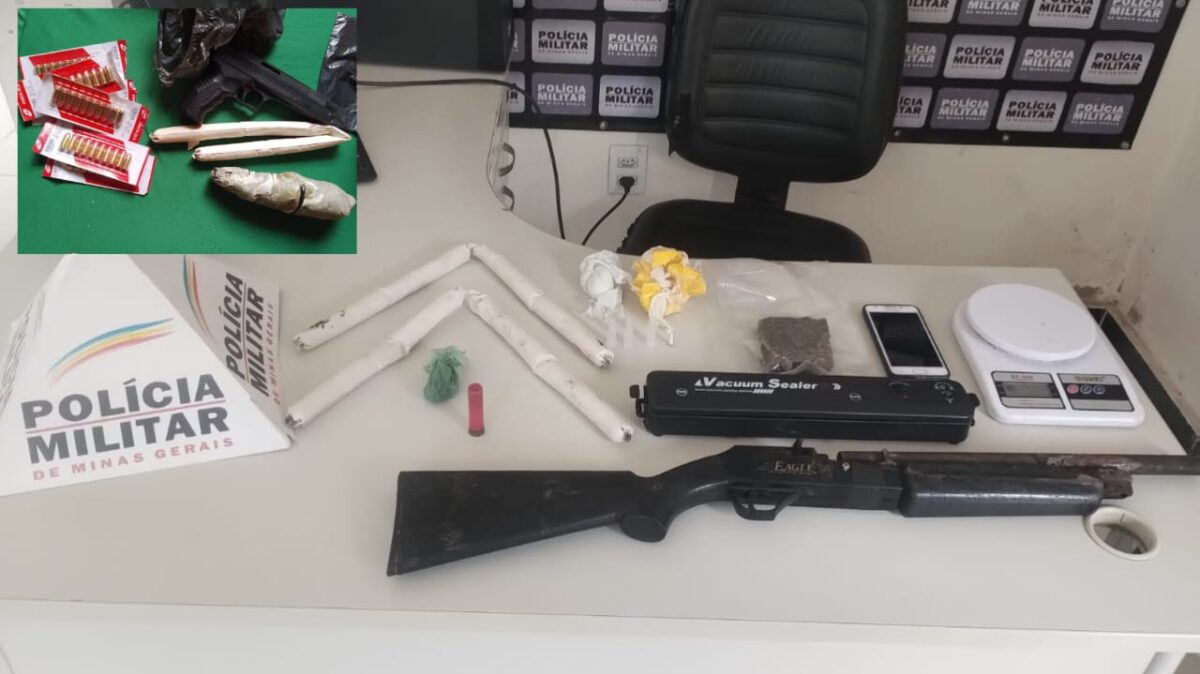 PM apreende arma de fogo, munições, explosivo e drogas em Itabira; dois homens foram presos