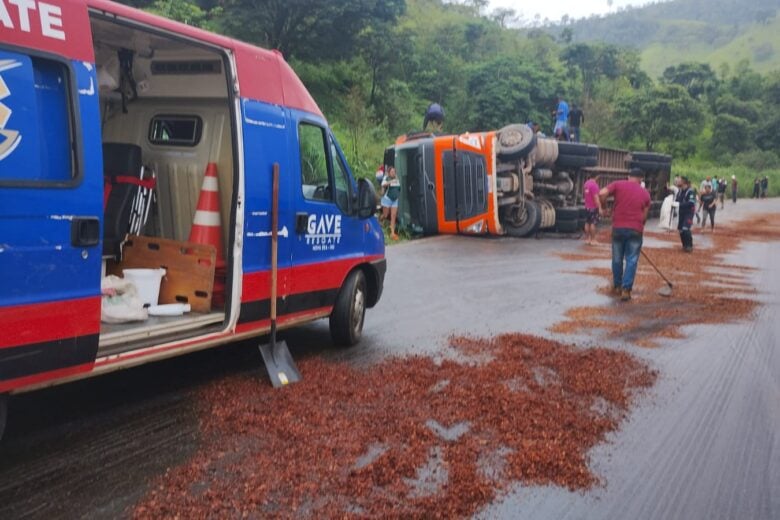 Caminhão com carga de bois tomba na BR-381 em Nova Era; saqueadores abatem parte dos animais