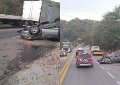 Mulher fica ferida após carro capotar na BR-381, na Grande BH