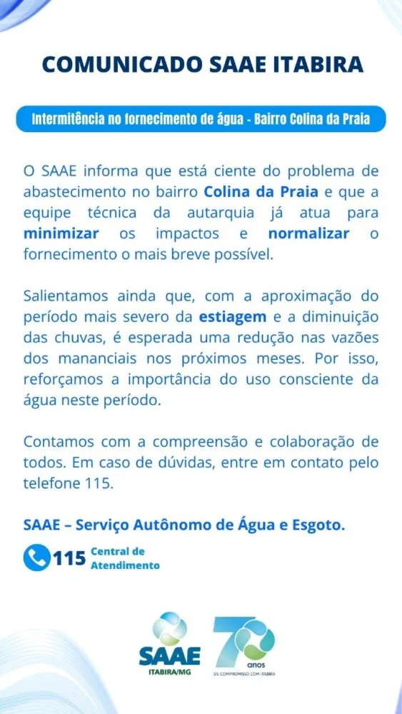 Problemas de abastecimento afetam Itabira neste sábado