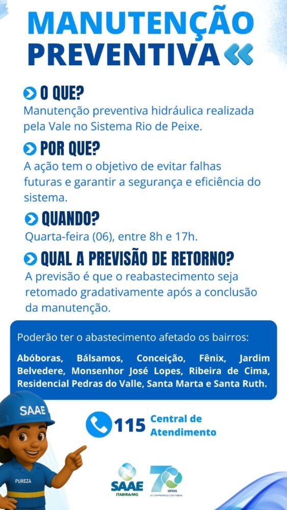Manutenção no sistema Rio de Peixe afeta abastecimento de água em bairros de Itabira nesta quarta-feira