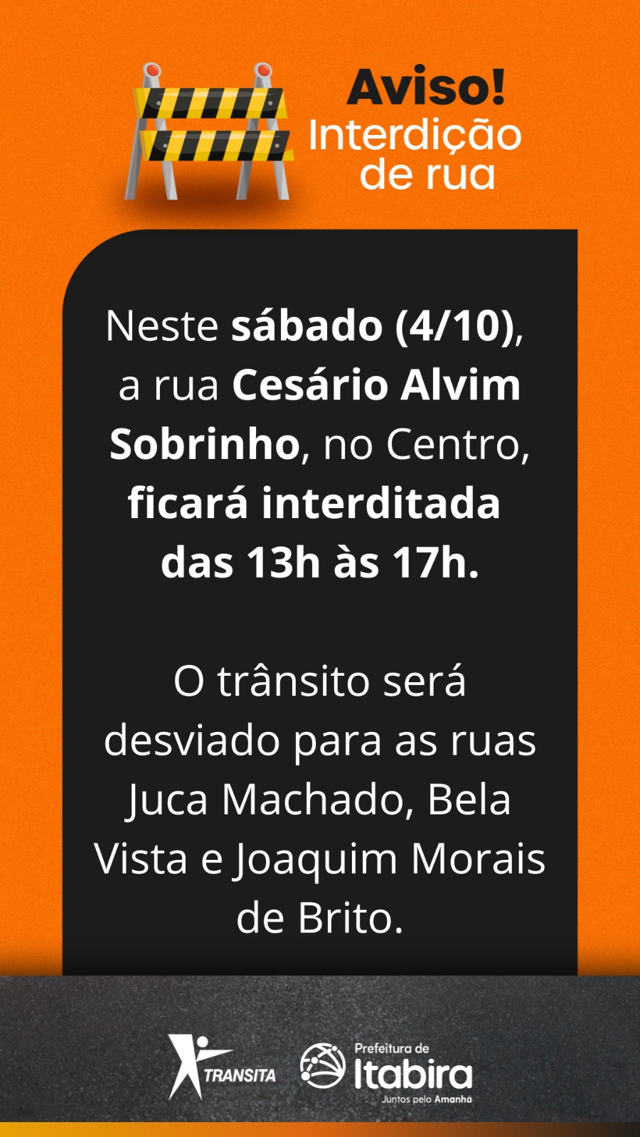 Rua Cesário Alvim Sobrinho será interditada neste sábado em Itabira; saiba mais