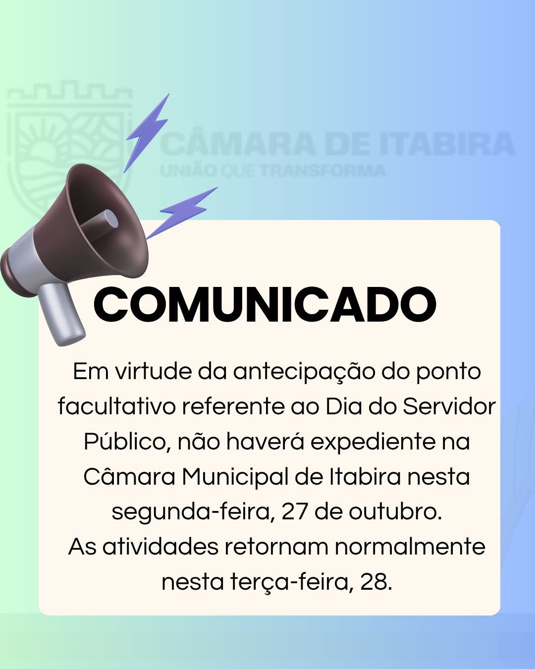 Devido ao Dia do Servidor Público, Câmara de Itabira suspende expediente nesta segunda-feira; reunião de comissões será na quarta-feira