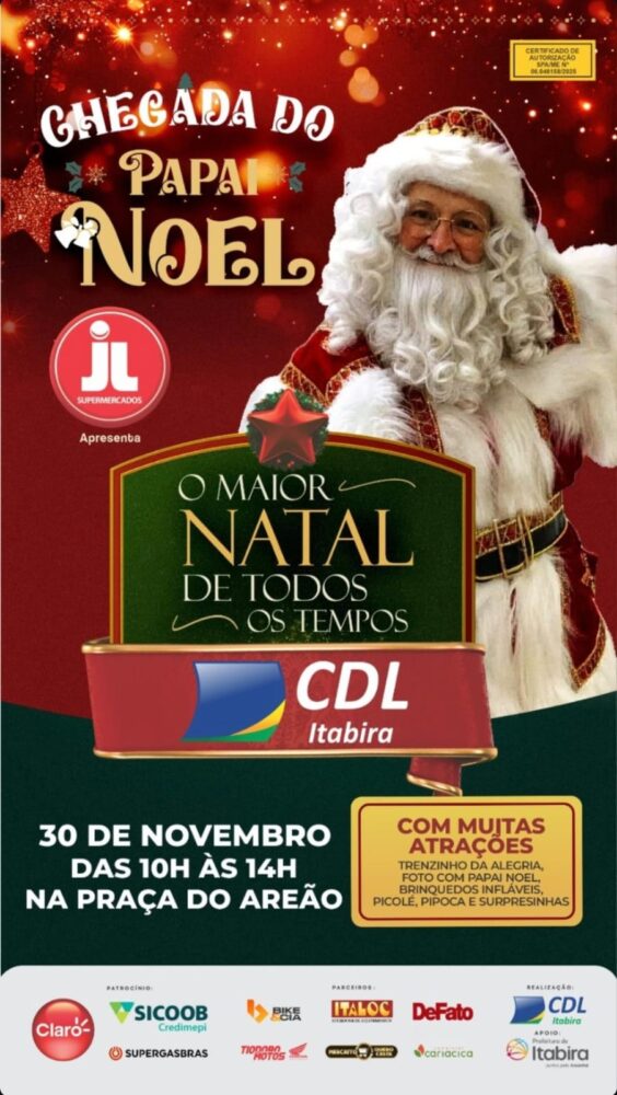 Chegada do Papai Noel marca programação de Natal da CDL neste domingo em Itabira