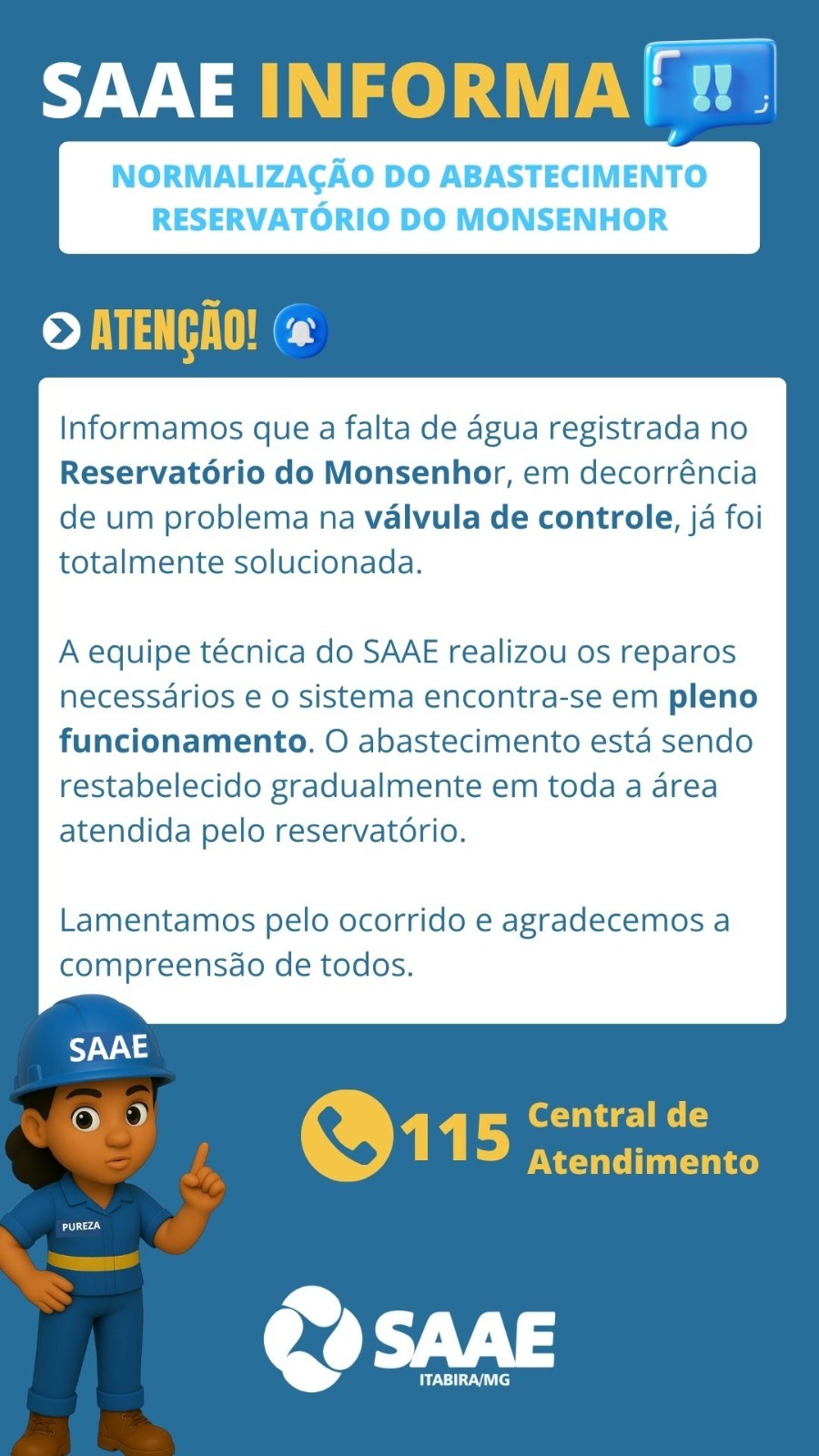 Saae restabelece abastecimento de água no reservatório do Monsenhor após reparo em válvula de controle