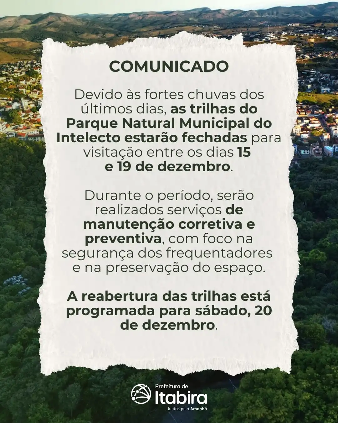 Trilhas do Parque Natural Municipal do Intelecto são fechadas após fortes chuvas em Itabira