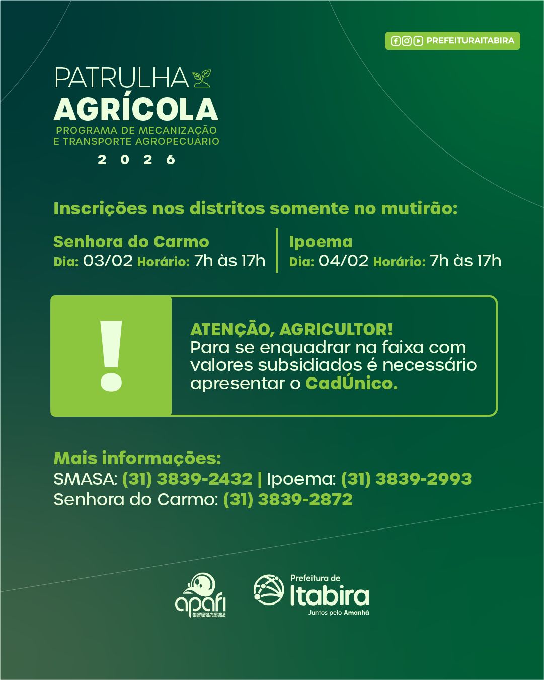 Inscrições para a Patrulha Agrícola seguem abertas em Itabira e seus distritos