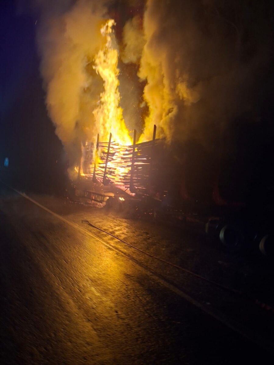 Caminhão carregado com madeira pega fogo na BR-262