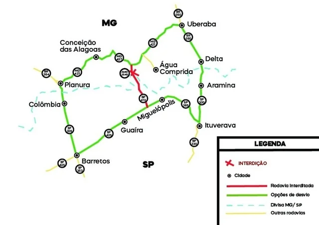 Interditada a ponte que liga as rodovias AMG-2540 e SP-413, na divisa entre Minas Gerais e São Paulo
