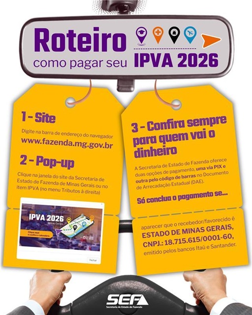 Começa no dia 9 de fevereiro a escala de pagamentos do IPVA 2026 em Minas Gerais; saiba mais