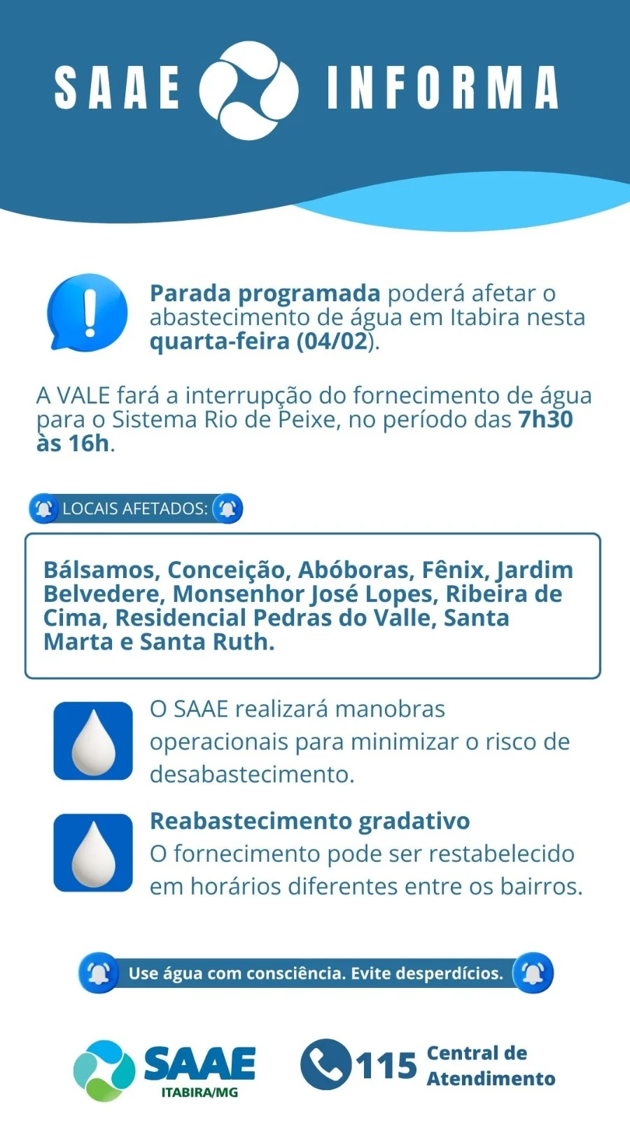 Manutenção da Vale pode deixar dez bairros de Itabira sem água nesta quarta-feira; saiba mais