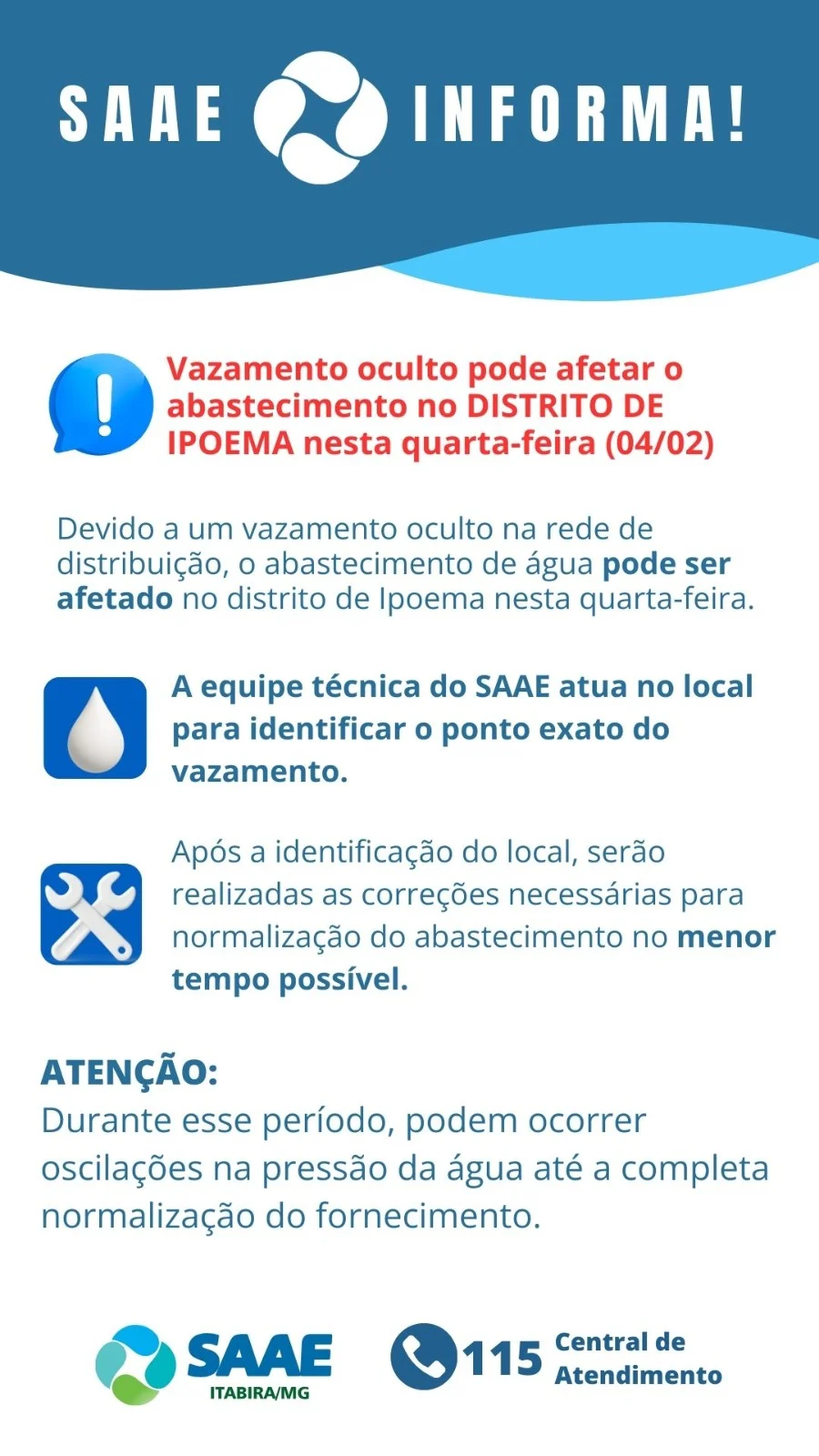 Vazamento oculto na rede pode comprometer abastecimento de água em Ipoema nesta quarta-feira