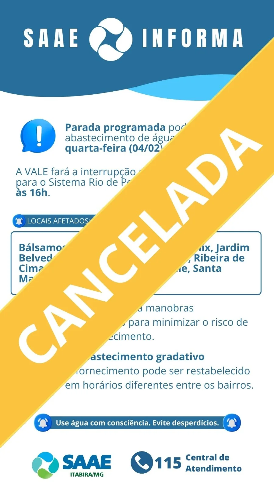 Manutenção da Vale que poderia afetar abastecimento de água em Itabira é cancelada