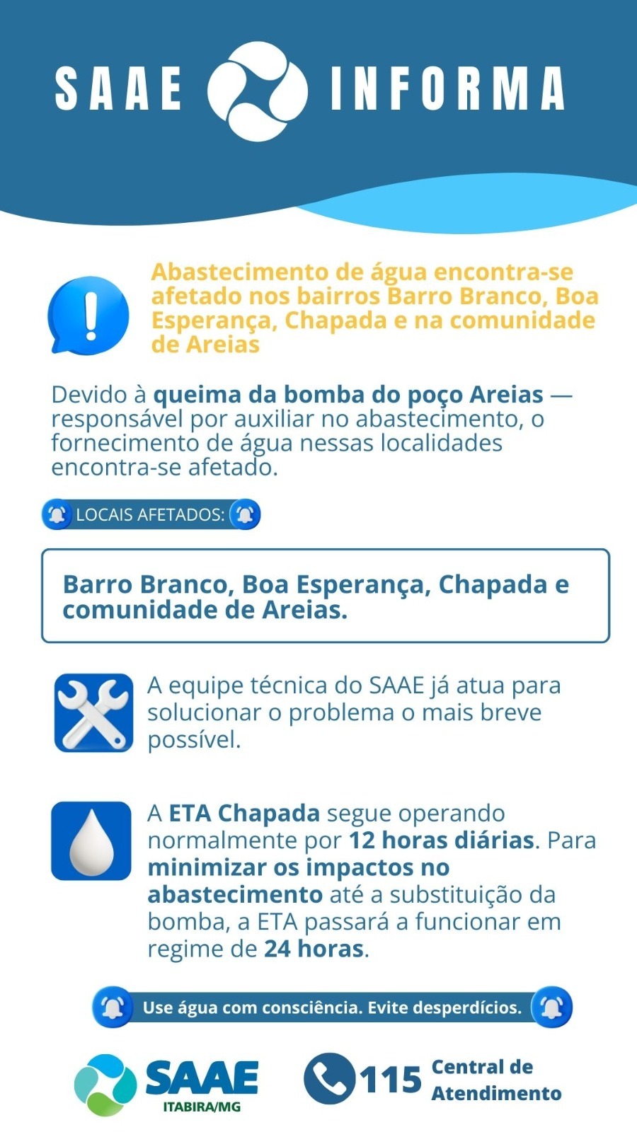 Itabira: abastecimento de água é afetado nos bairros Barro Branco, Boa Esperança, Chapada e na comunidade de Areias