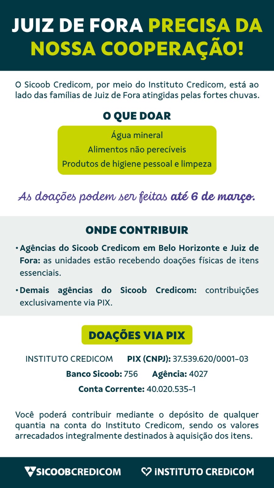 Juiz de Fora precisa da nossa cooperação: Instituto Credicom mobiliza campanha para apoiar famílias atingidas pelas chuvas