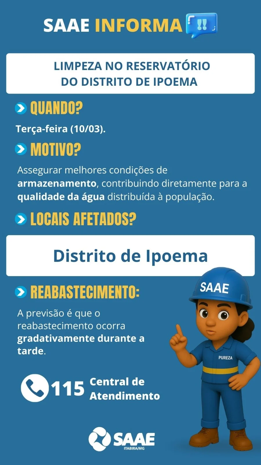 SAAE fará limpeza de reservatório e interromperá abastecimento de água no distrito de Ipoema nesta terça-feira