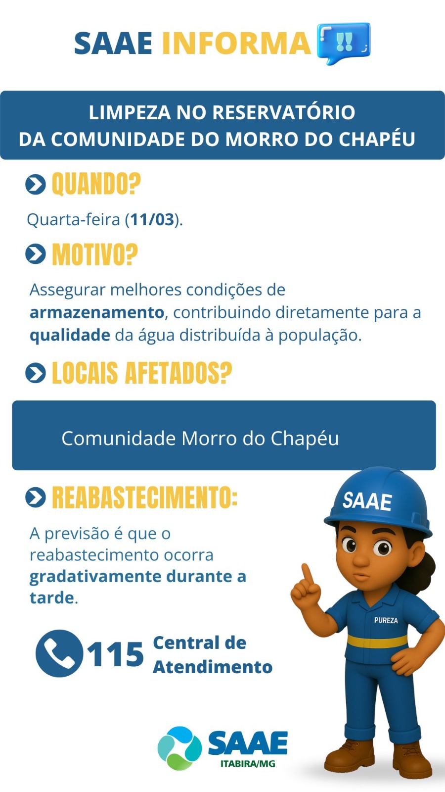 SAAE fará limpeza de reservatório e interromperá abastecimento de água no Morro do Chapéu em Itabira