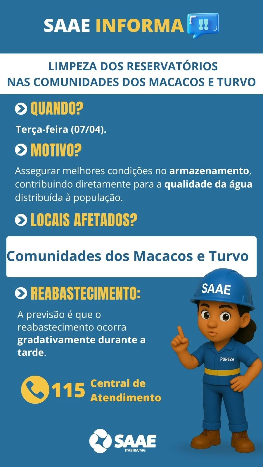 Itabira: limpeza de reservatórios interrompe abastecimento de água nas comunidades de Macacos e Turvo; saiba mais