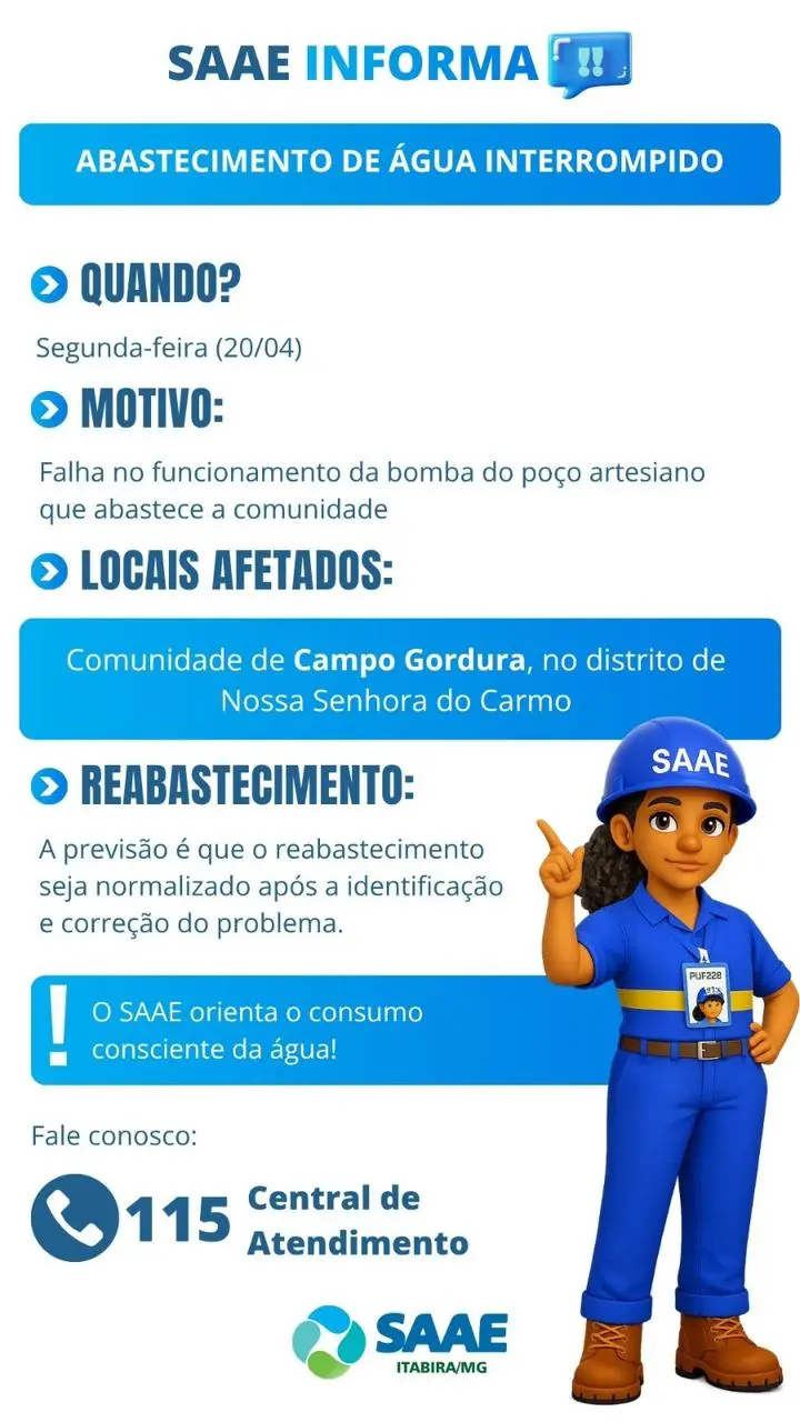 Falha em bomba interrompe abastecimento de água na comunidade de Campo Gordura, em Itabira