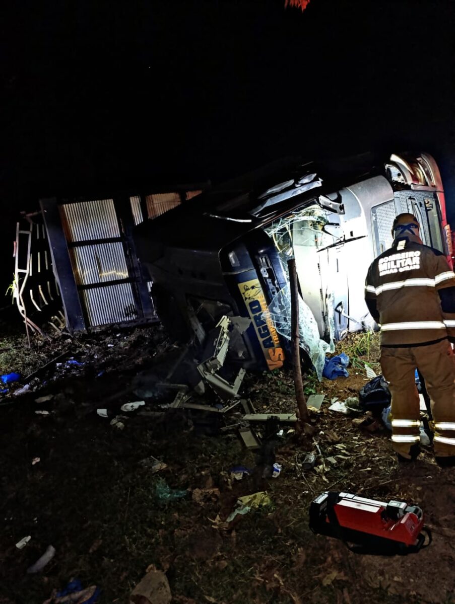 Carreta carregada com bois tomba na BR-381, em João Monlevade, e deixa duas pessoas feridas