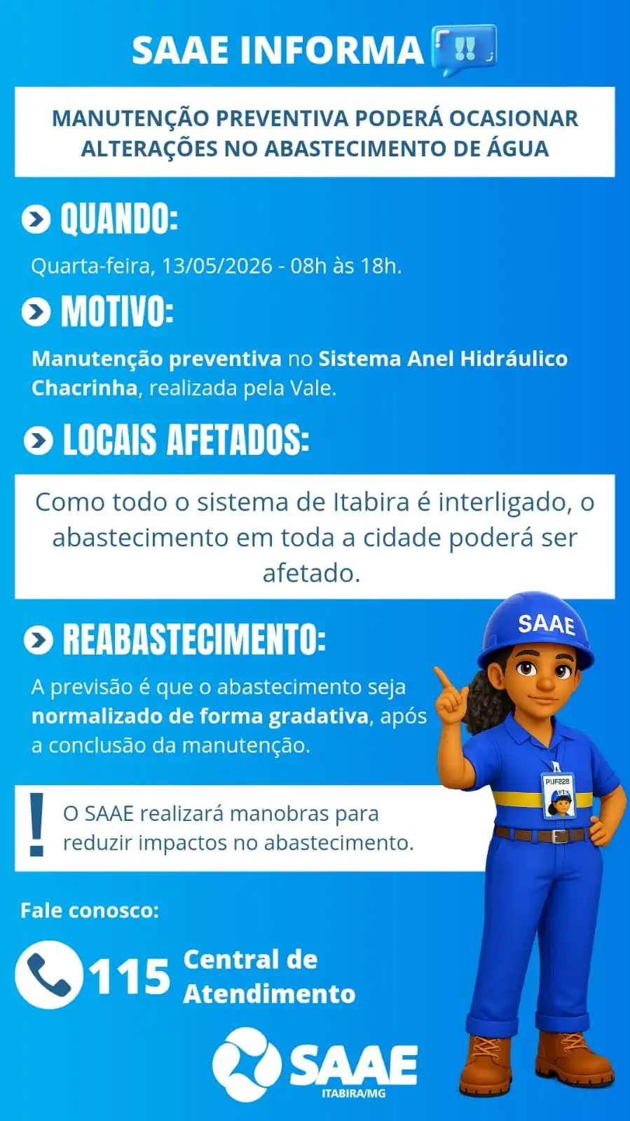 Manutenção da Vale pode afetar abastecimento de água em Itabira nesta quarta-feira