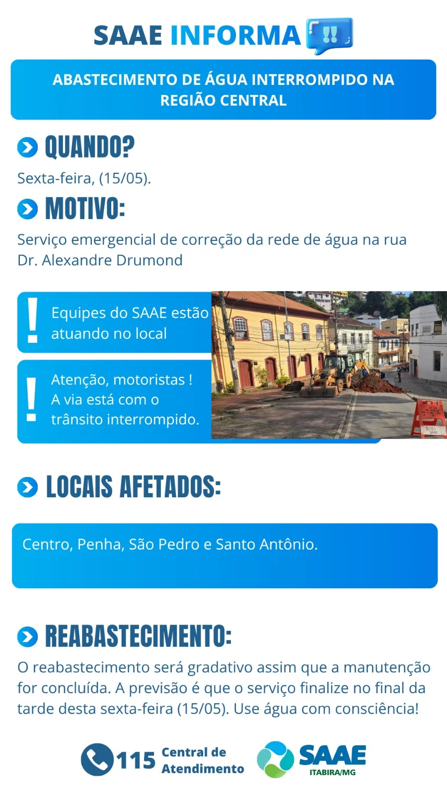 Vazamento de grande porte interrompe abastecimento de água em parte da região central de Itabira nesta sexta-feira; saiba mais