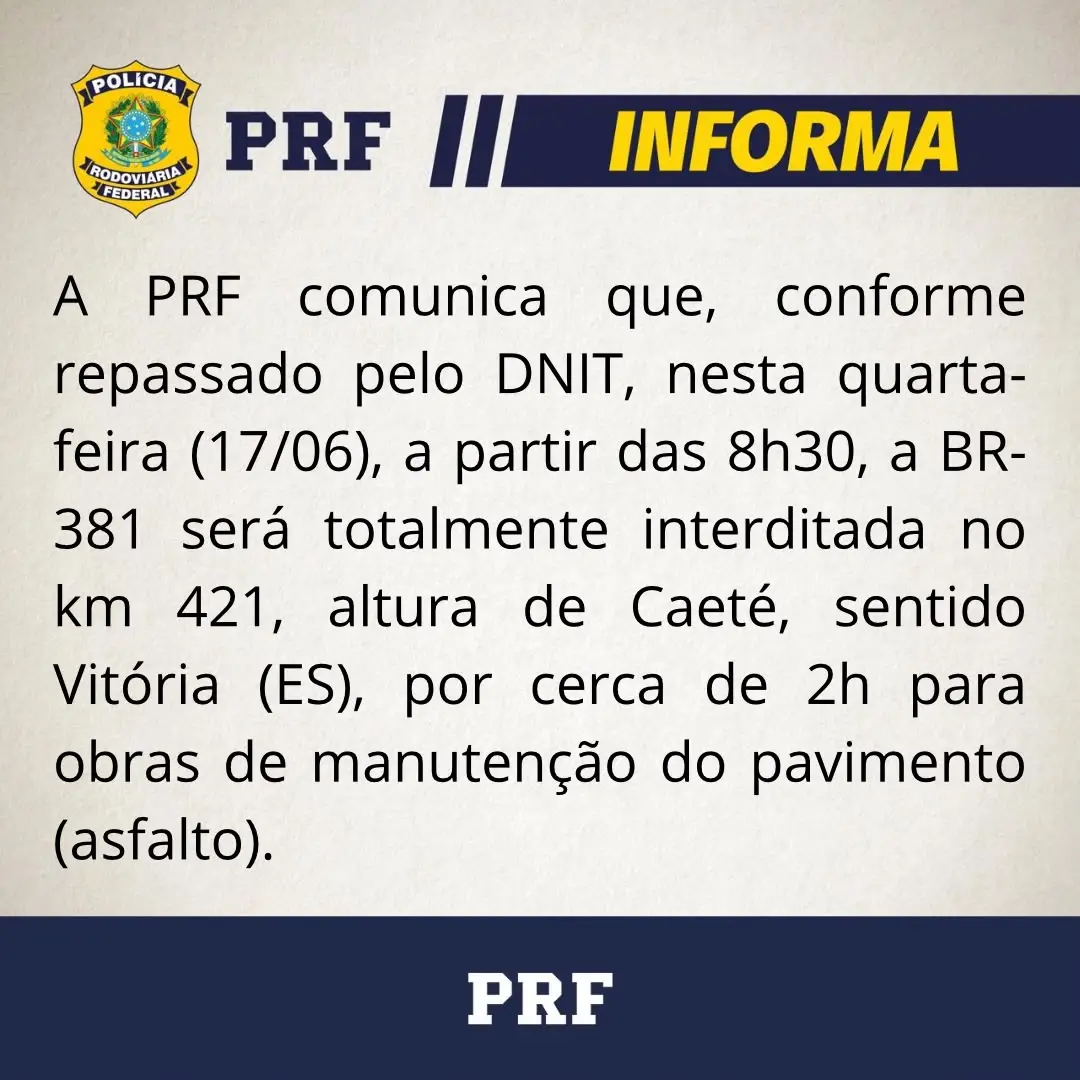 BR-381 terá interdição total em Caeté nesta quarta-feira para obras no pavimento; saiba mais