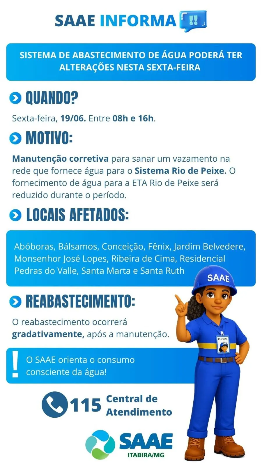 Manutenção emergencial pode afetar abastecimento de água em dez bairros de Itabira nesta sexta-feira; saiba mais