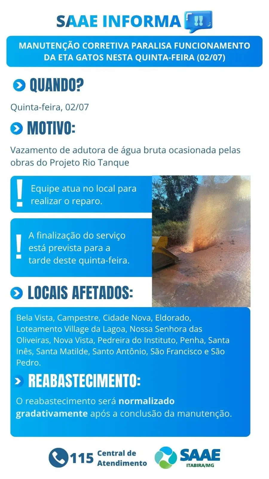 Manutenção emergencial na ETA Gatos pode afetar abastecimento de água em 14 bairros de Itabira nesta quinta-feira